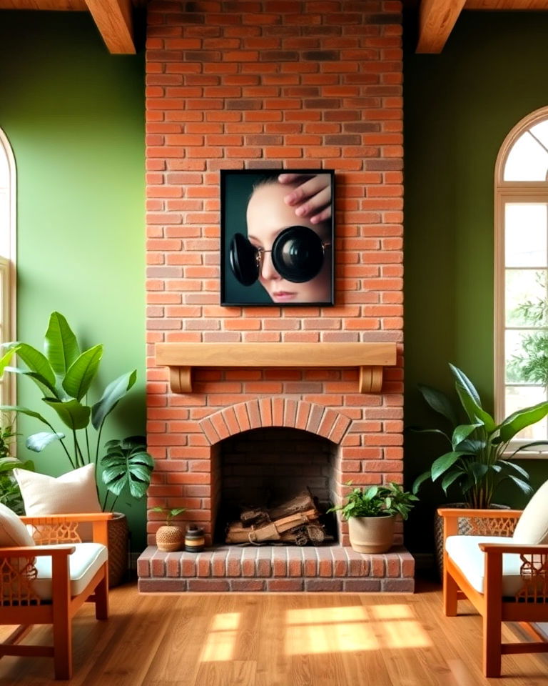 earthy green walls and terracotta brick fireplace - 20 Green and Terracotta Living Room Ideas