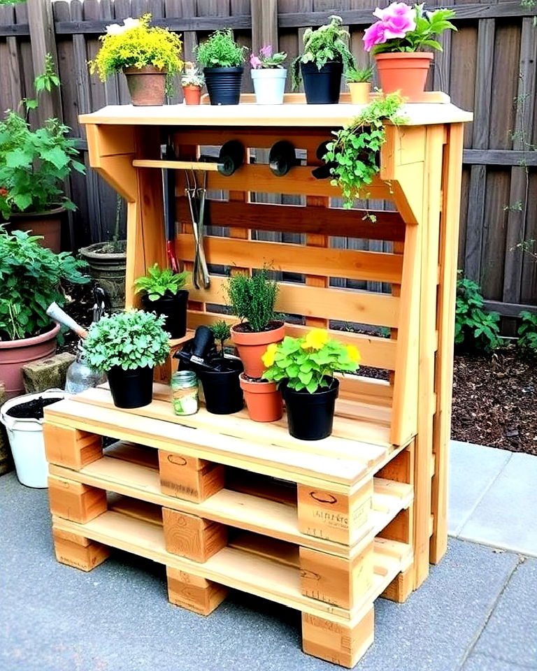 easy to clean pallet potting bench - 40 Pallet Furniture Ideas