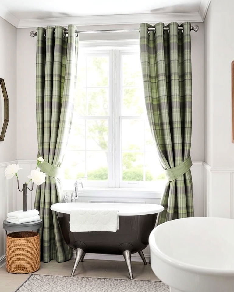 easy to install drapery panels with grommets - 30 Bathroom Window Treatment Ideas