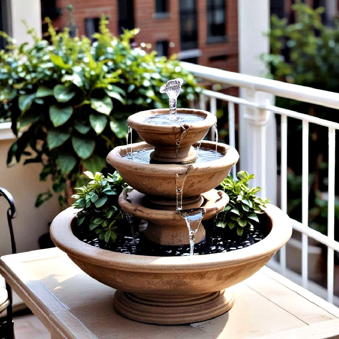 easy to maintain tabletop fountain - 30 Small Balcony Ideas