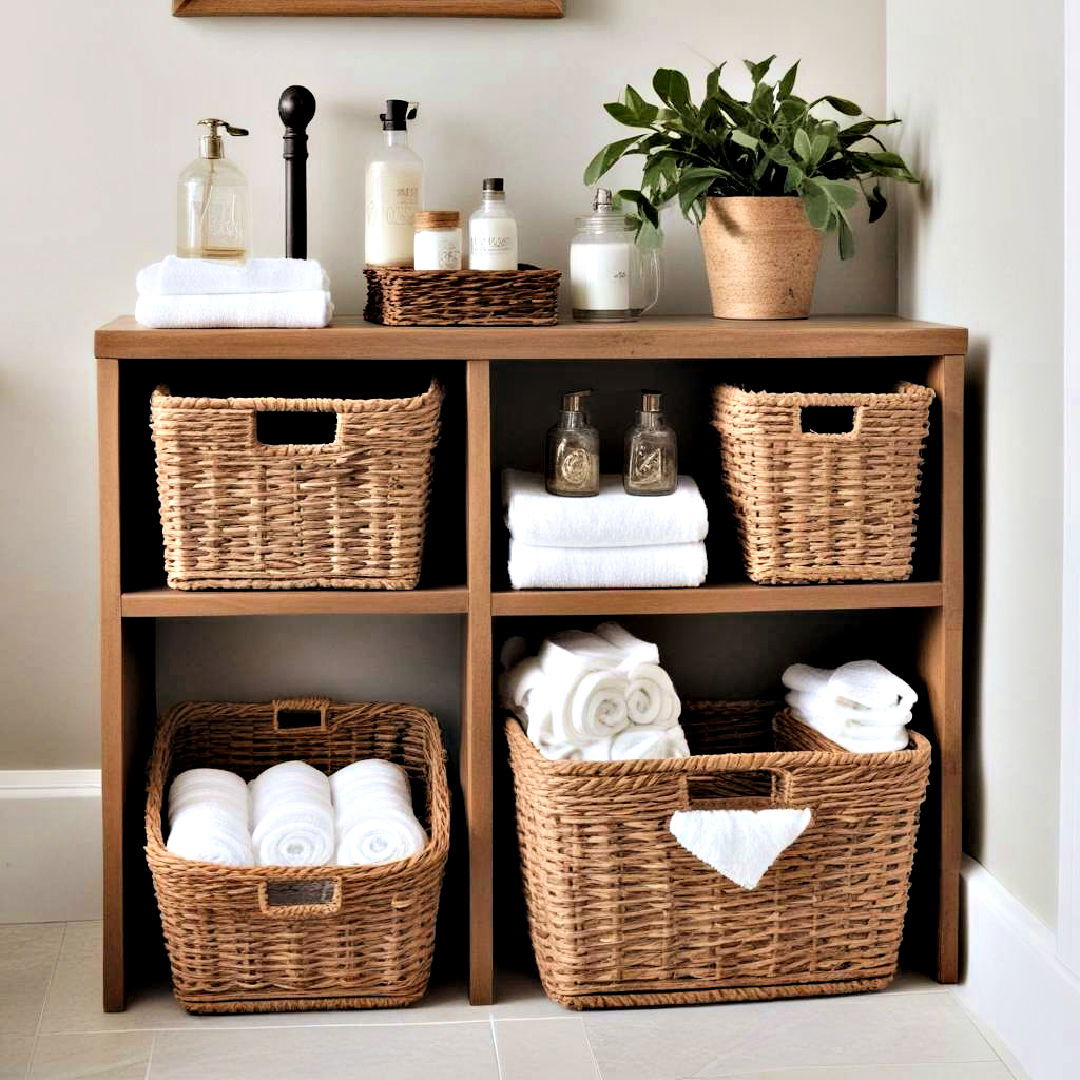 easy to move wicker baskets - 40 Farmhouse Bathroom Ideas