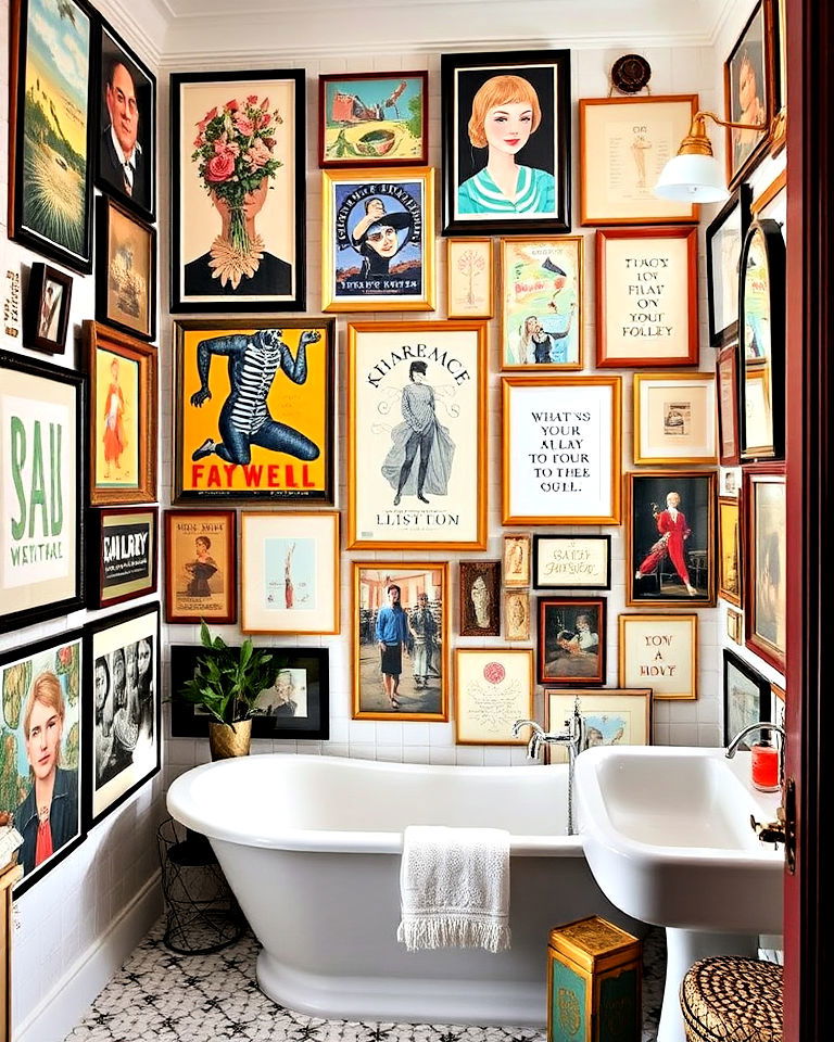 eclectic art display for bathroom - 20 Maximalist Bathroom Design Ideas