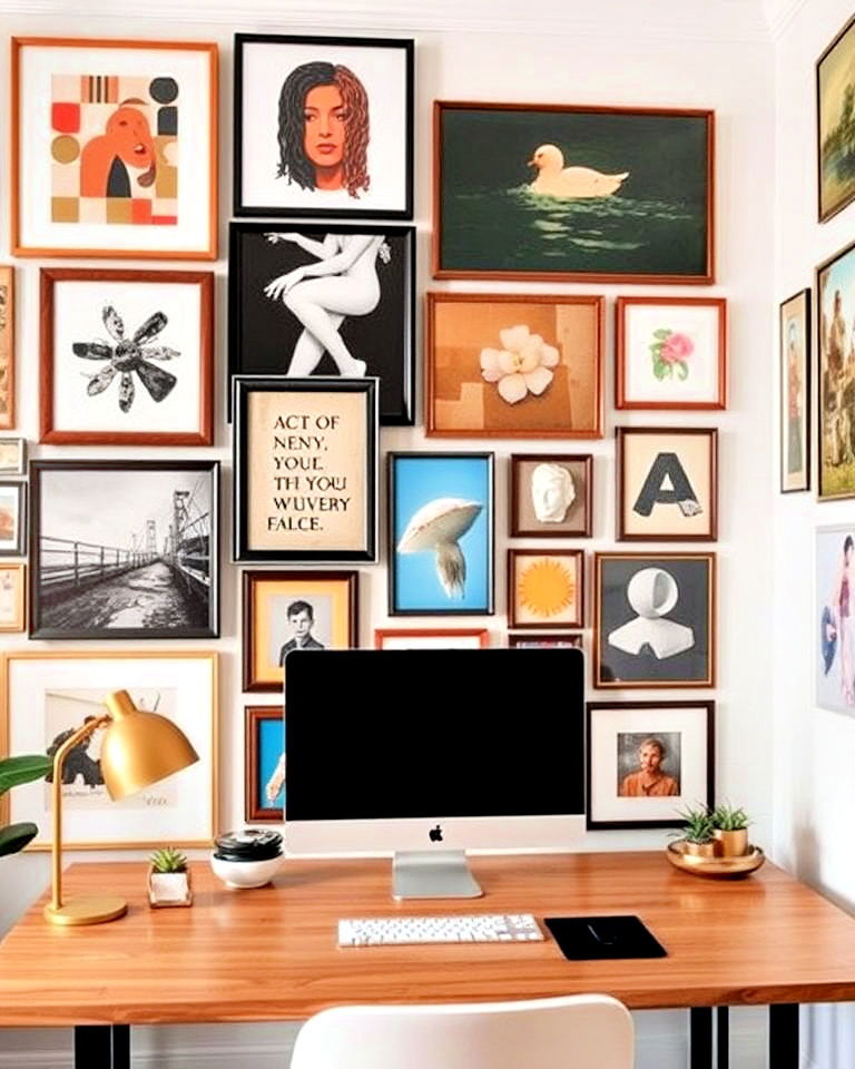 eclectic art gallery wall for home office - 25 Eclectic Home Office Ideas