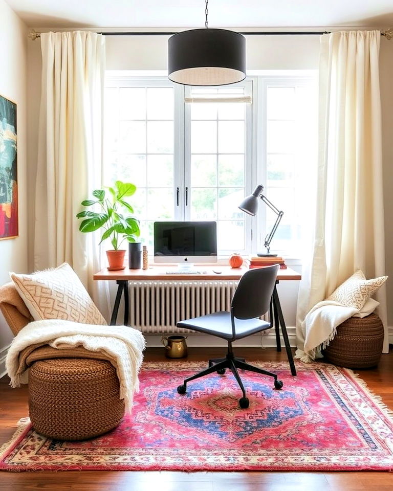 eclectic charm with layered textiles - 25 Eclectic Home Office Ideas