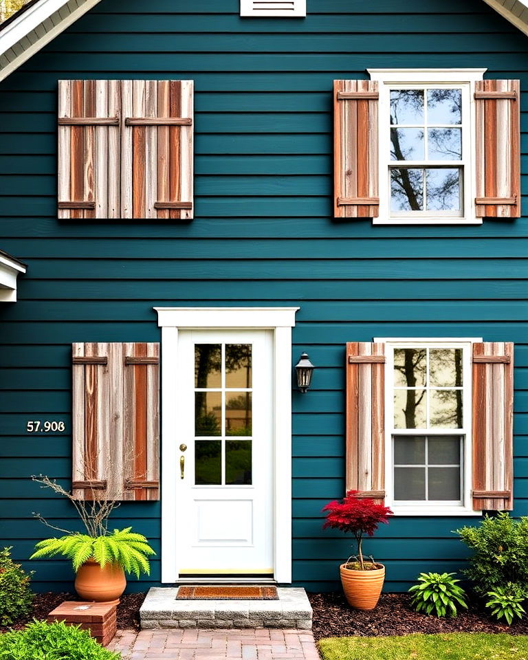 eclectic deep teal with weathered wood shutters - 25 Farmhouse Green Exterior Home Ideas