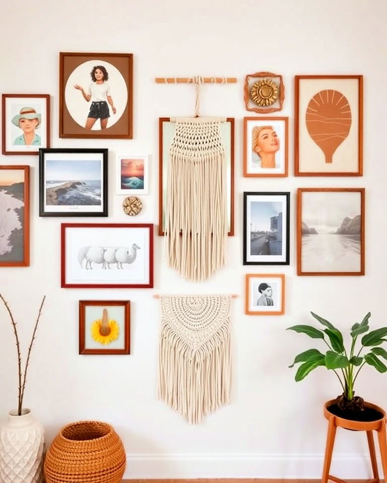 eclectic gallery wall with mixed media display - 25 Eclectic Gallery Wall Ideas