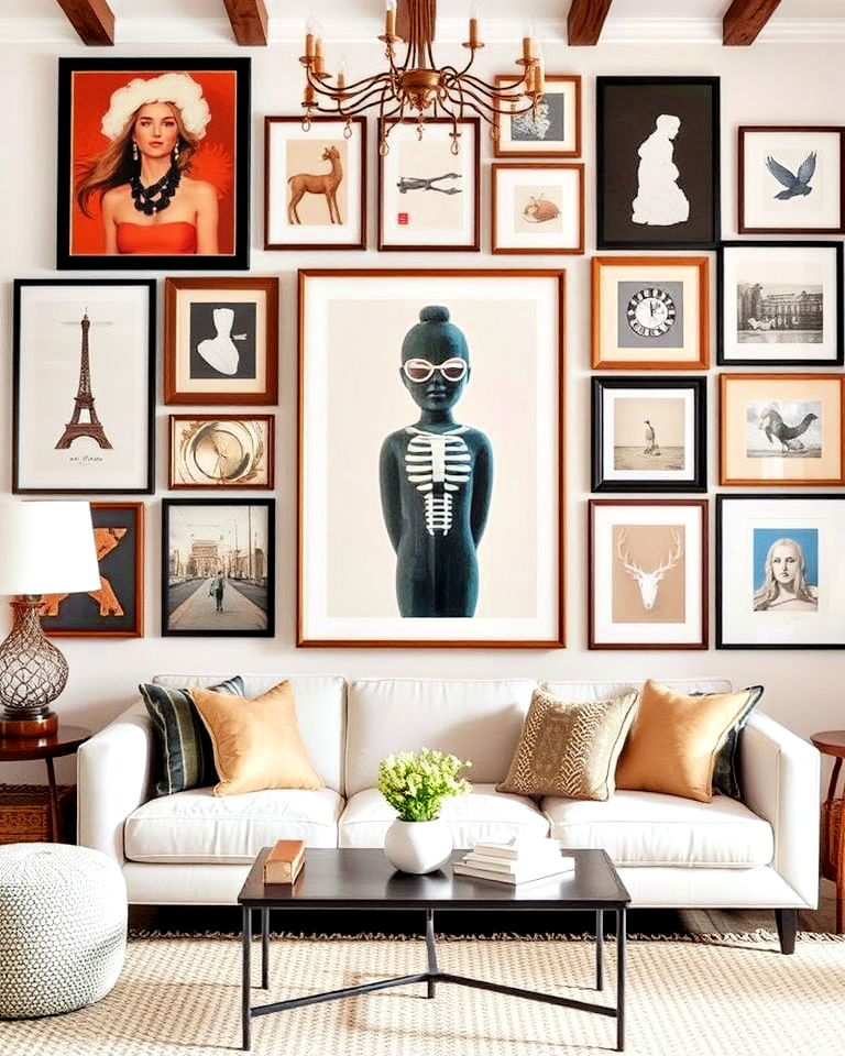 eclectic gallery wall with oversized statement pieces - 25 Eclectic Gallery Wall Ideas