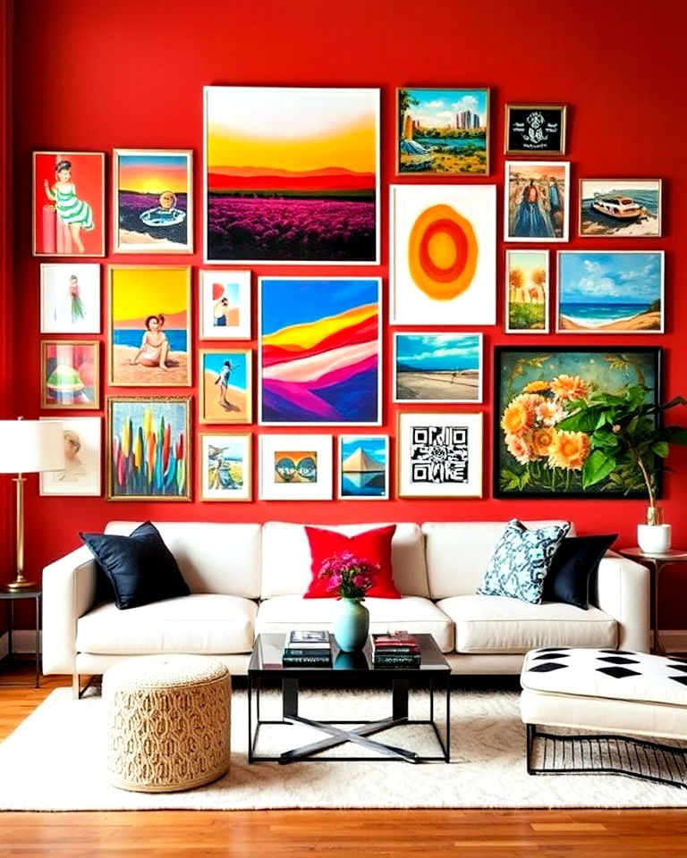 eclectic gallery wall with pop of color - 25 Eclectic Gallery Wall Ideas