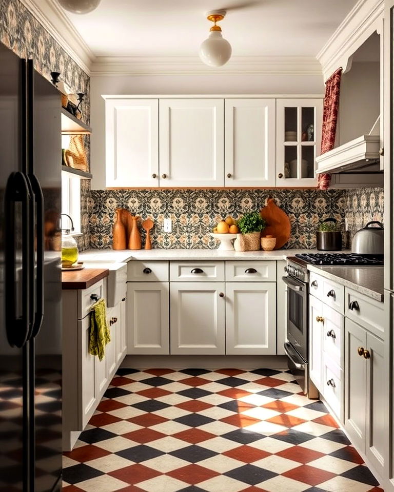 eclectic kitchen with checkered floor - 25 Kitchens With Checkered Floors