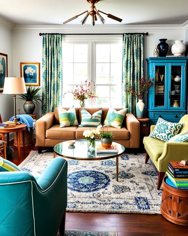 eclectic layering to add personality - 20 Blue and Green Living Room Ideas