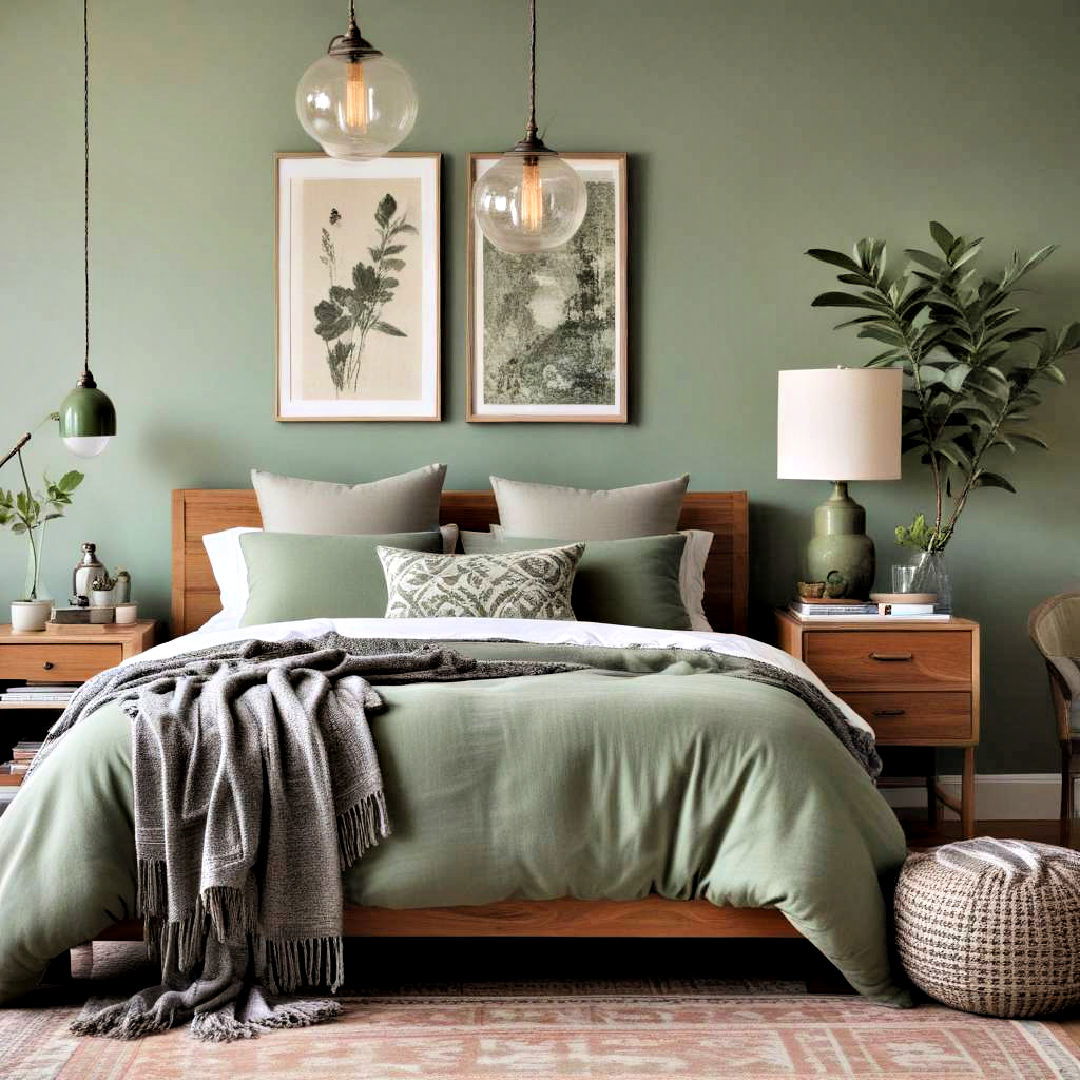 eclectic mix sage green and grey bedroom - 25 Sage Green and Grey Bedroom Ideas