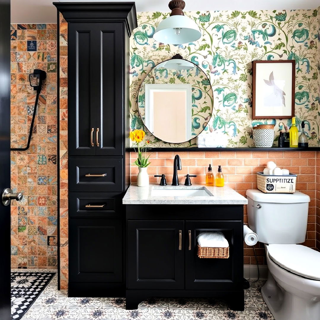 eclectic style bathroom with black cabinets - 25 Bathroom With Black Cabinets Ideas