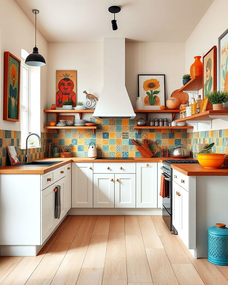 eclectic style kitchen with light wood flooring - 20 Light Wood Floor Kitchen Ideas