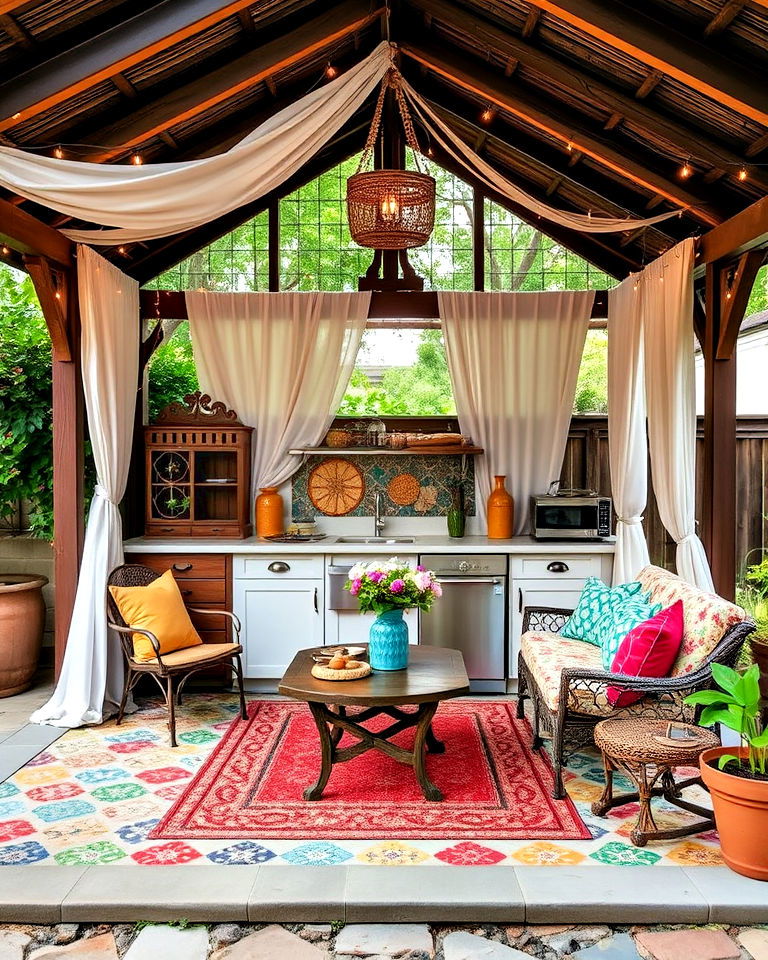 eclectic vibe kitchen and bohemian gazebo - 20 Outdoor Kitchen with a Gazebo Ideas