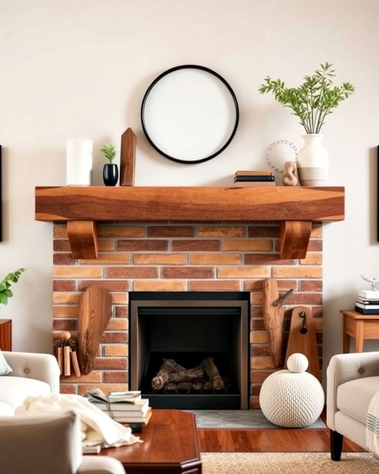 eclectic vibe multi tiered wood mantel - 20 Wood Fireplace Mantel Ideas
