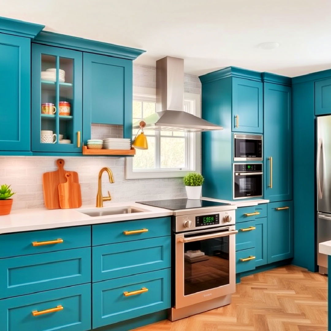 eclectic vibe teal blue cabinets with gold bar handles - 30 Blue Kitchen Cabinets With Gold Hardware