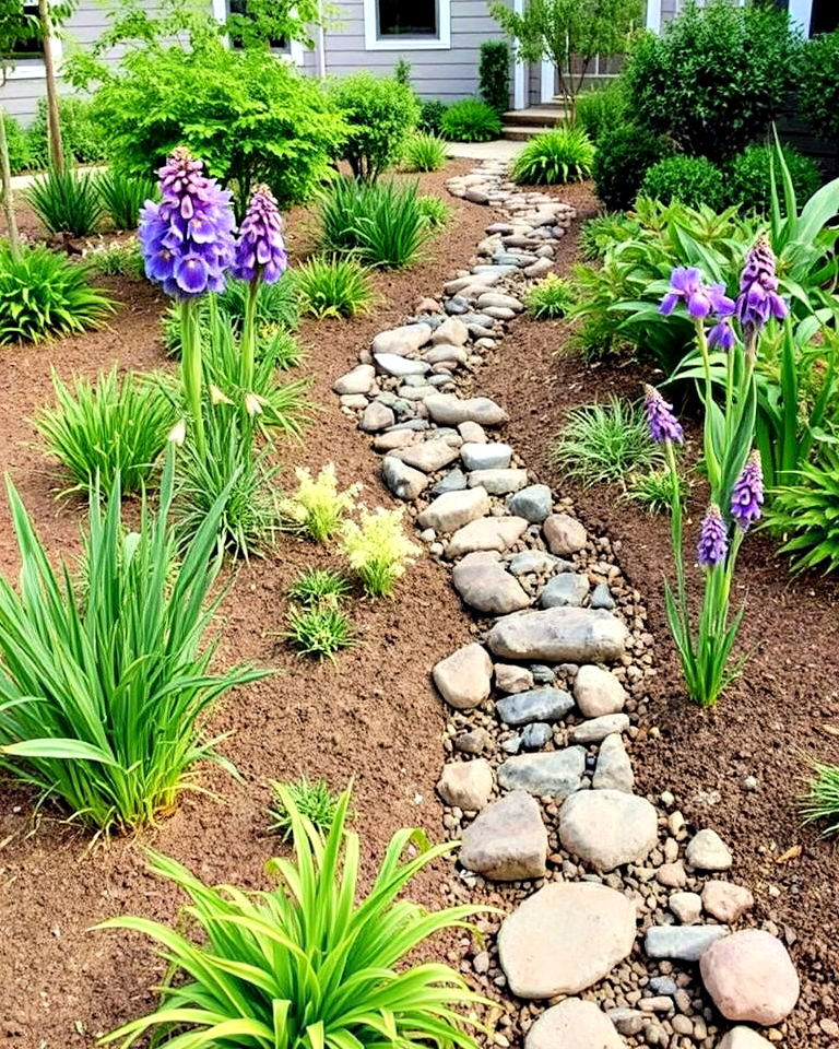 eco conscious rain garden integration - 30 Front Yard Dry Creek Bed Landscaping Ideas