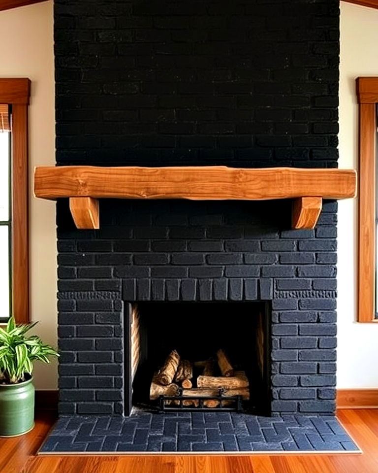 eco friendly black brick fireplace with reclaimed wood - 30 Black Brick Fireplace Ideas