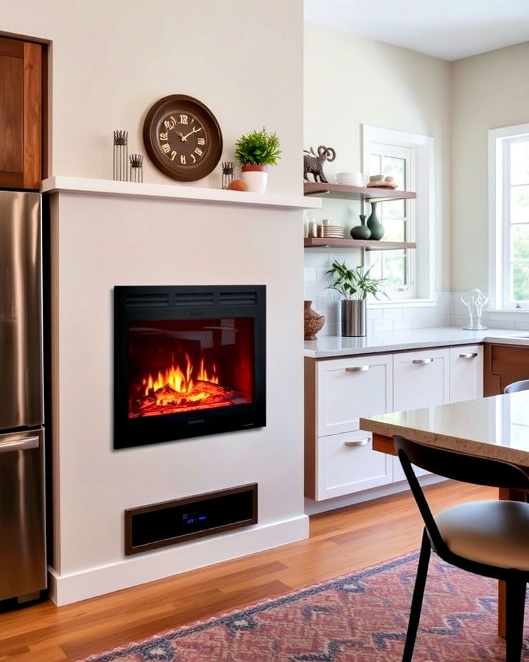 eco friendly electric fireplace for kitchen - 25 Kitchens With Fireplaces