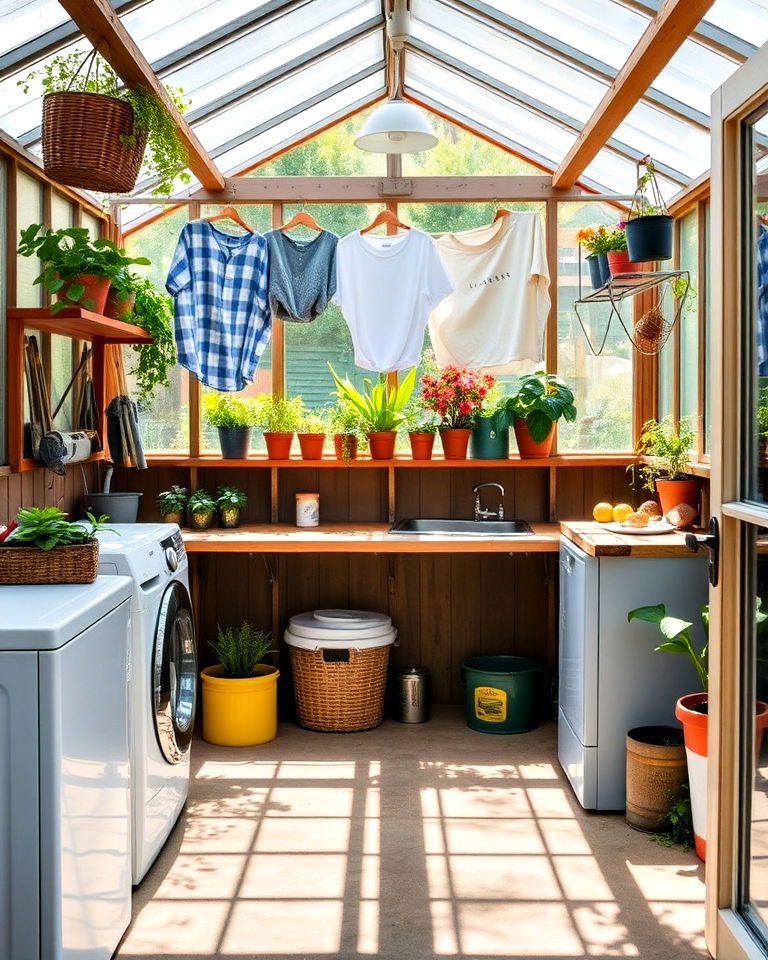 eco friendly greenhouse and laundry room combo - 30 Outdoor Laundry Room Ideas