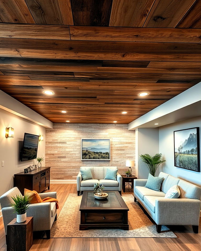 eco friendly reclaimed wood accents - 25 Exposed Basement Ceiling Ideas