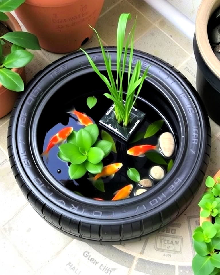 eco friendly rubber tire pond - 15 Container Fish Pond Ideas