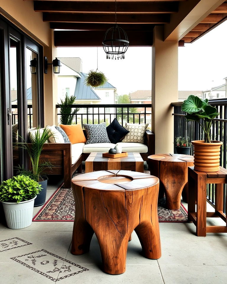 eco friendly rustic wooden stools - 25 Balcony Seating Ideas