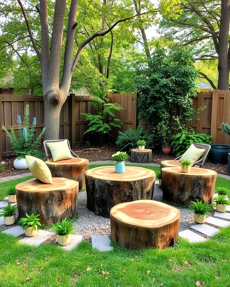 eco friendly tree stump seating - 30 Rustic Landscaping Ideas