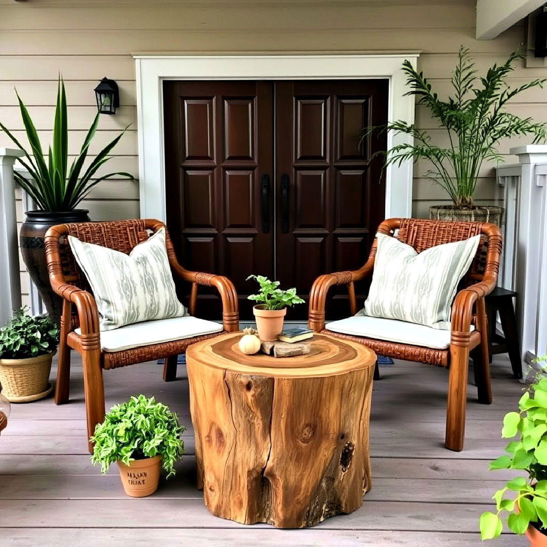eco friendly tree stump side table - 25 Rustic Front Porch Ideas