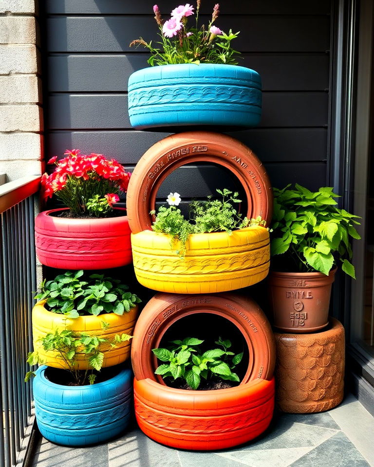 eco friendly upcycled tire planters - 40 Balcony Garden Ideas