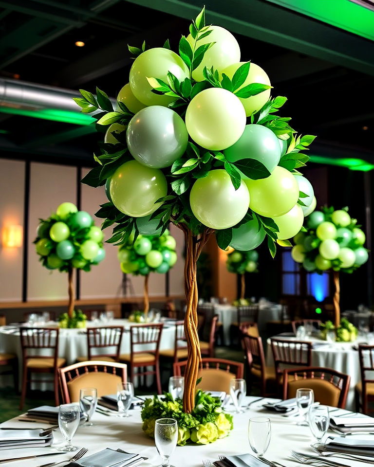 eco friendly vibes balloon tree with greenery - 25 Balloon Centerpiece Ideas