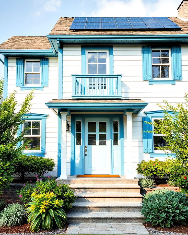 eco friendly white and blue design - 20 White House With Blue Trim Design Ideas