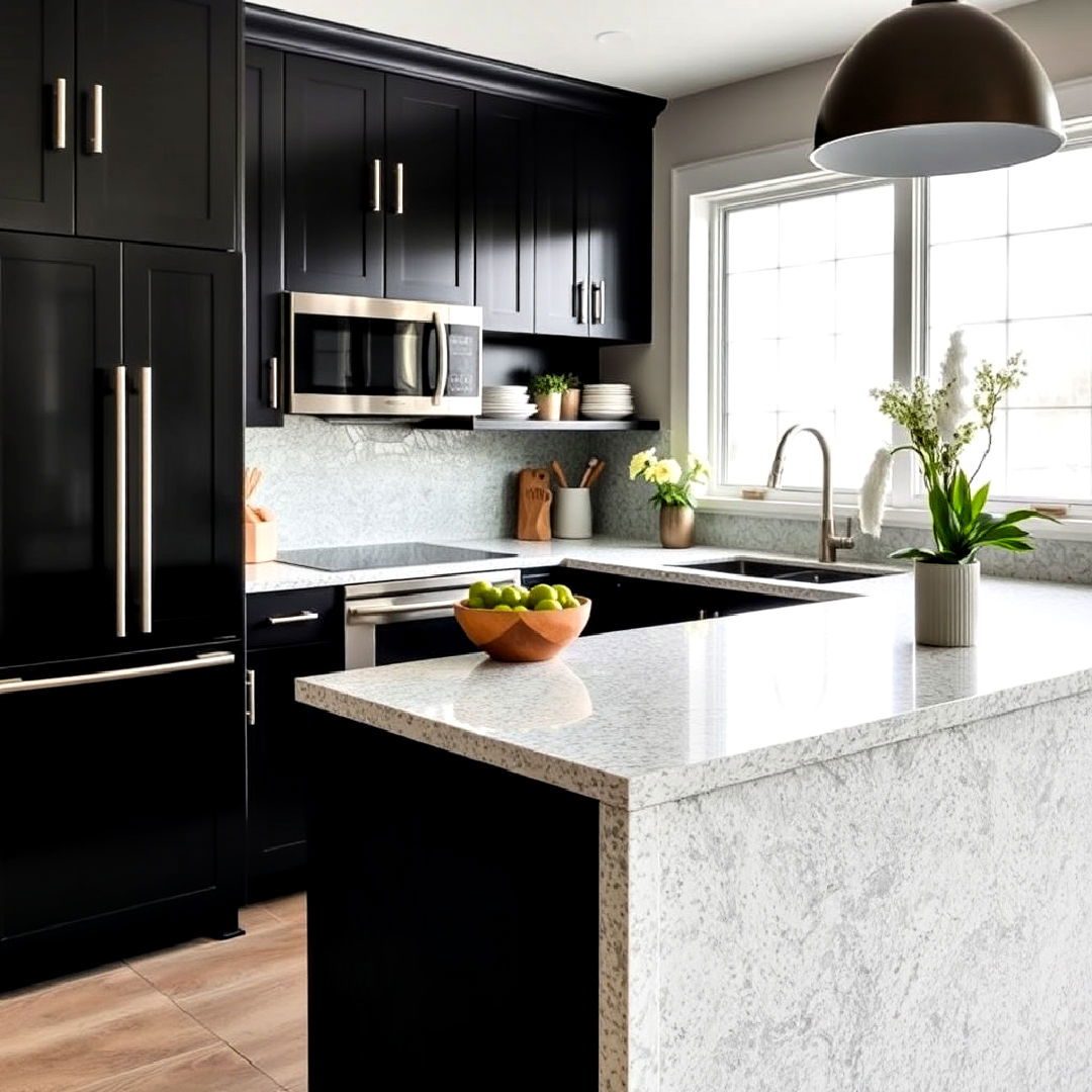 eco friendly white recycled glass countertops - 15 Black Kitchen Cabinets With White Countertops