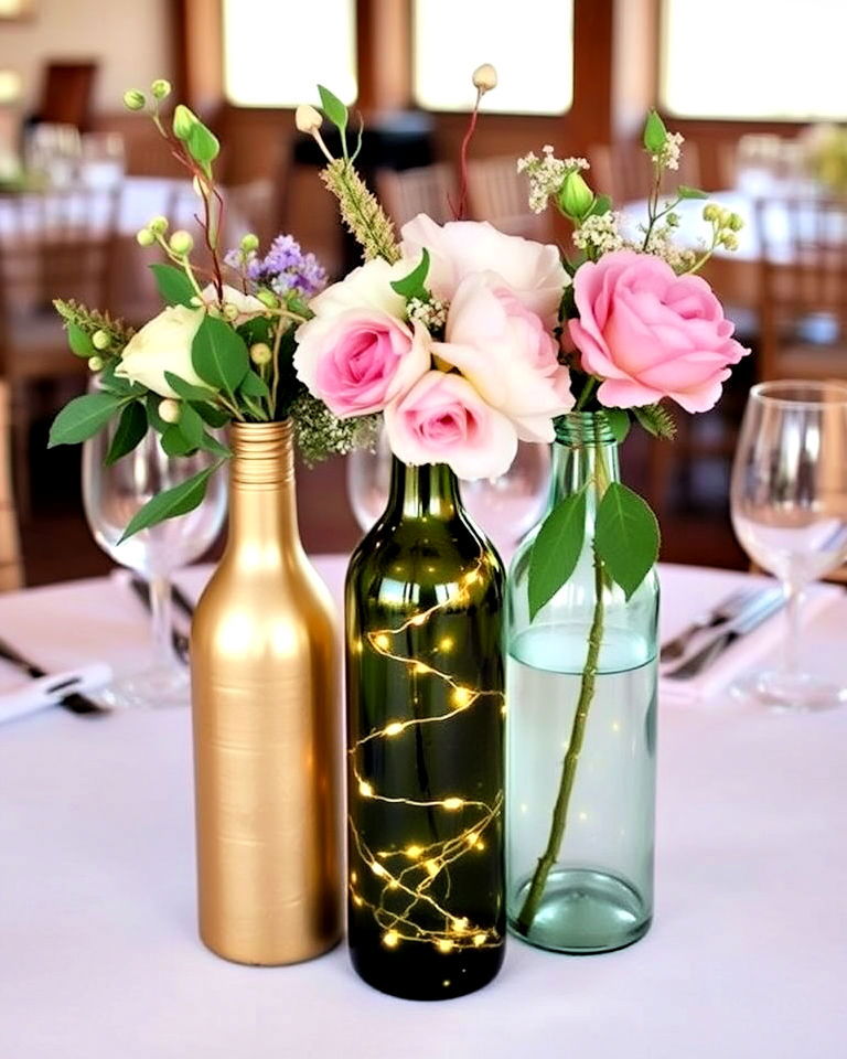 eco friendly wine bottles as vases - 30 Wedding Table Decoration Ideas