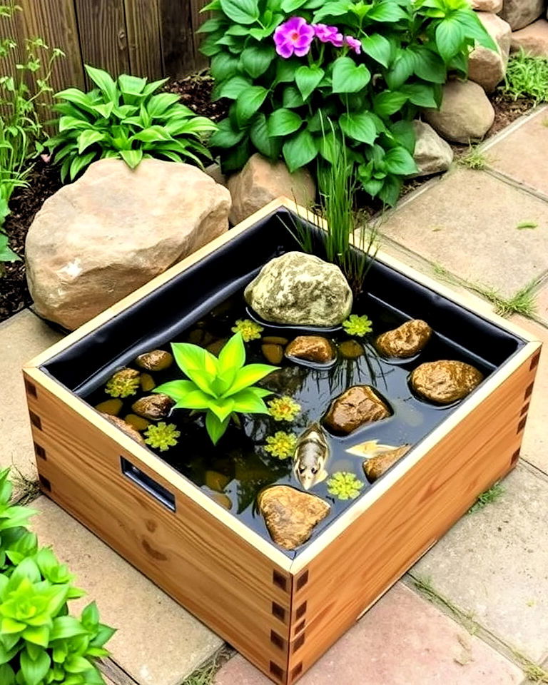 eco friendly wooden crate pond - 15 Container Fish Pond Ideas