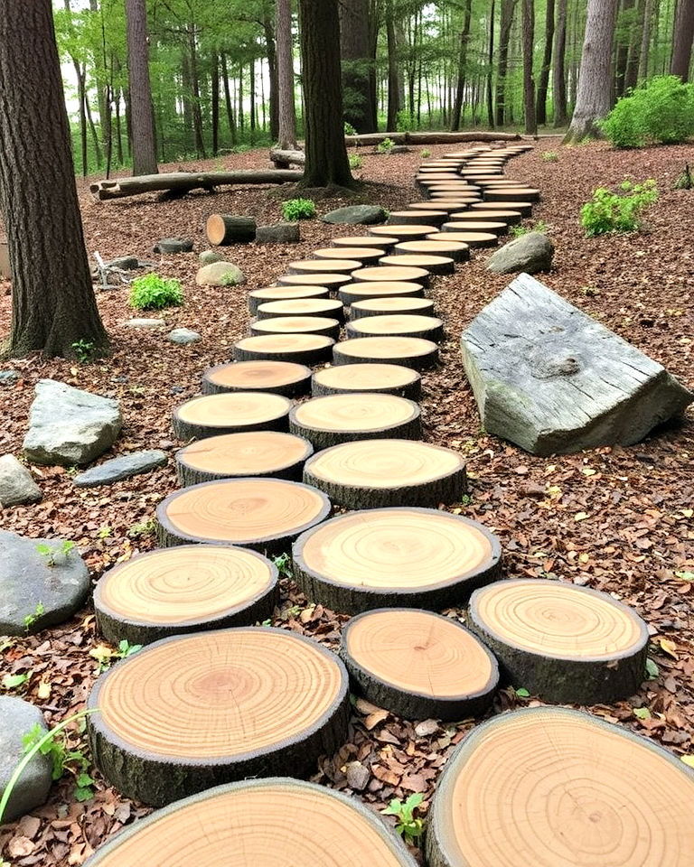 eco friendly wooden stepping logs pathway - 30 Stepping Stone Walkway Ideas