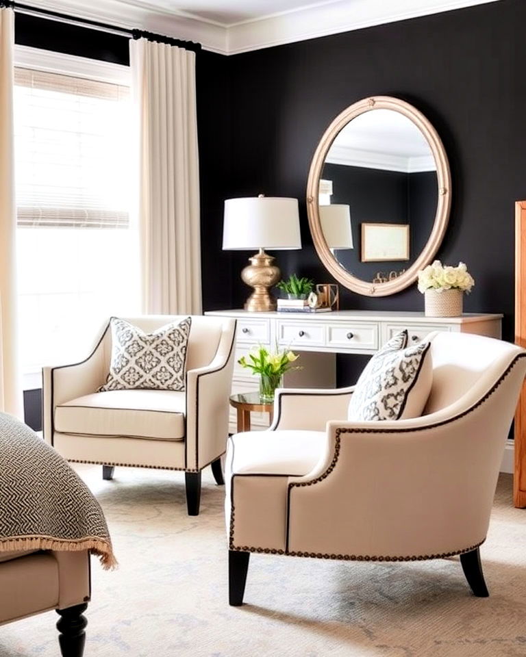elegant accent chairs in contrasting tones - 35 Cream and Black Bedroom Ideas