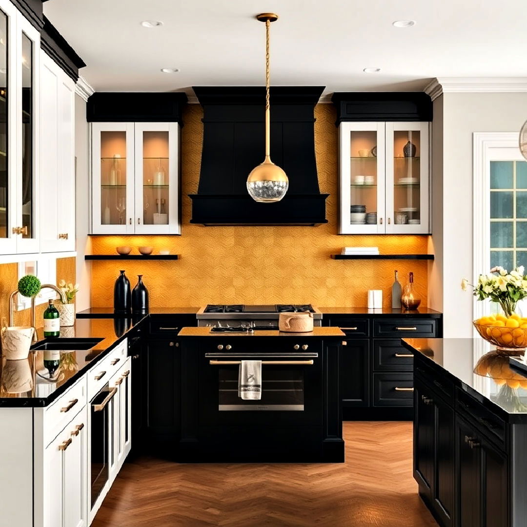 elegant accent wall for black white and gold kitchen - 25 Black White and Gold Kitchen Ideas