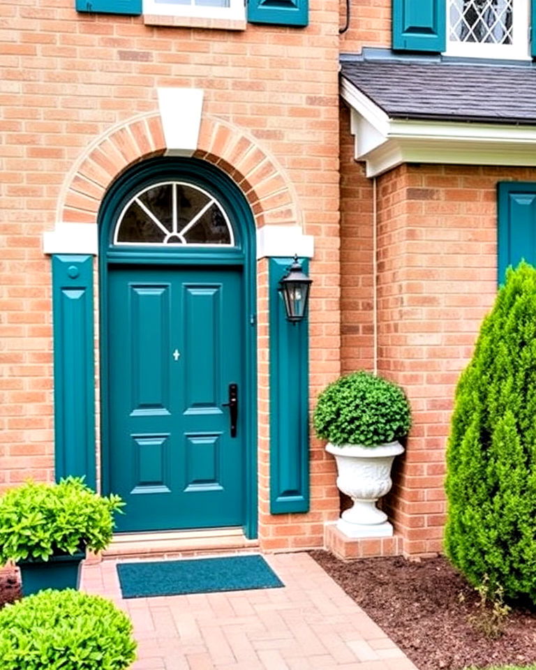 elegant aesthetic deep teal accents - 25 Tan Brick House Color Schemes