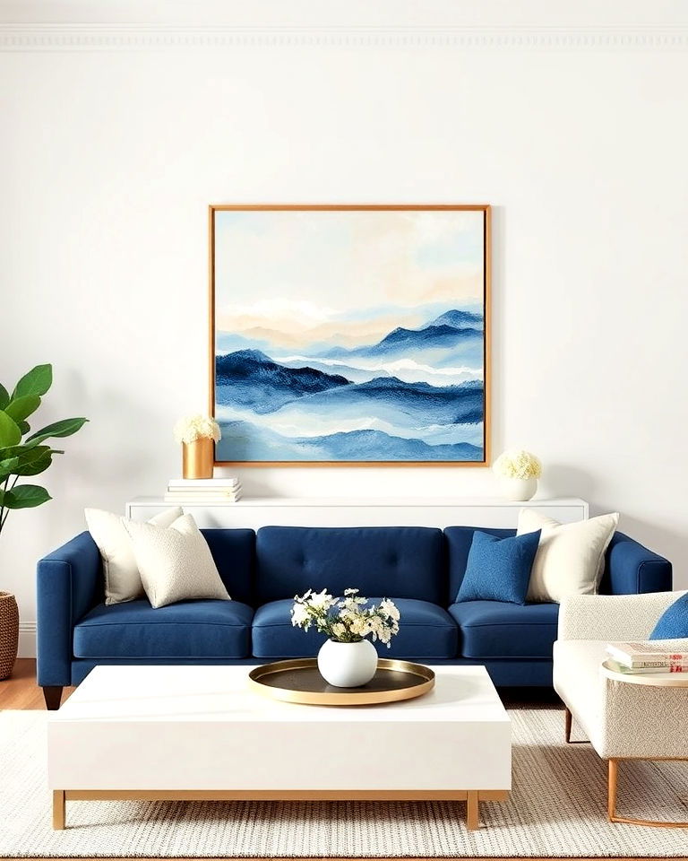 elegant aesthetic navy and cream wall art - 25 Navy and Cream Living Room Ideas