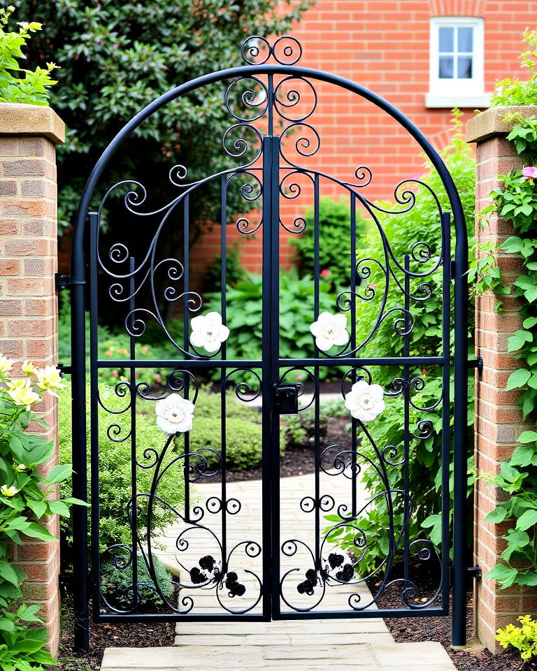 elegant arched steel gate with floral motifs - 25 Metal Garden Gate Ideas