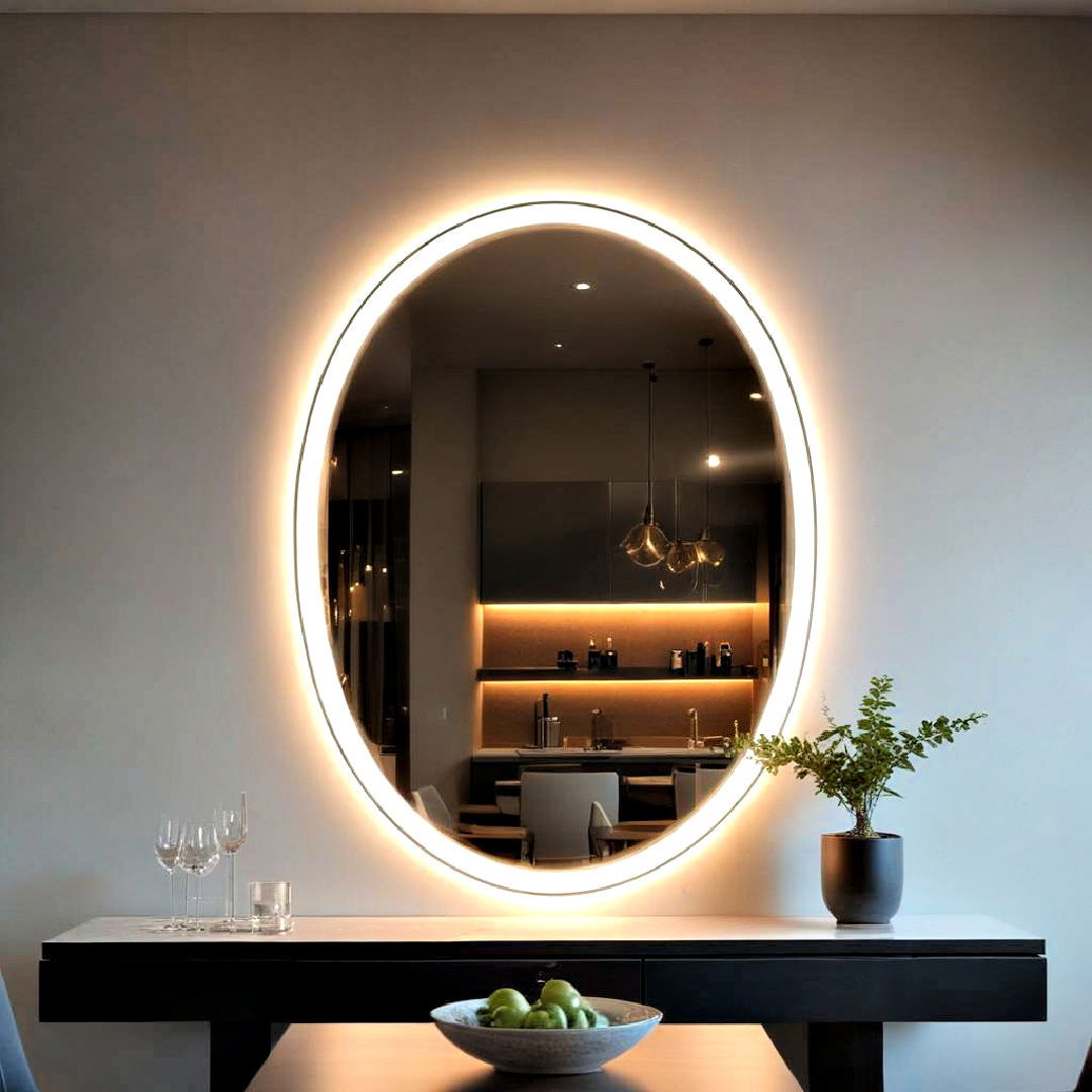 elegant backlit mirror for subtle glow - 25 Dining Room Mirror Ideas