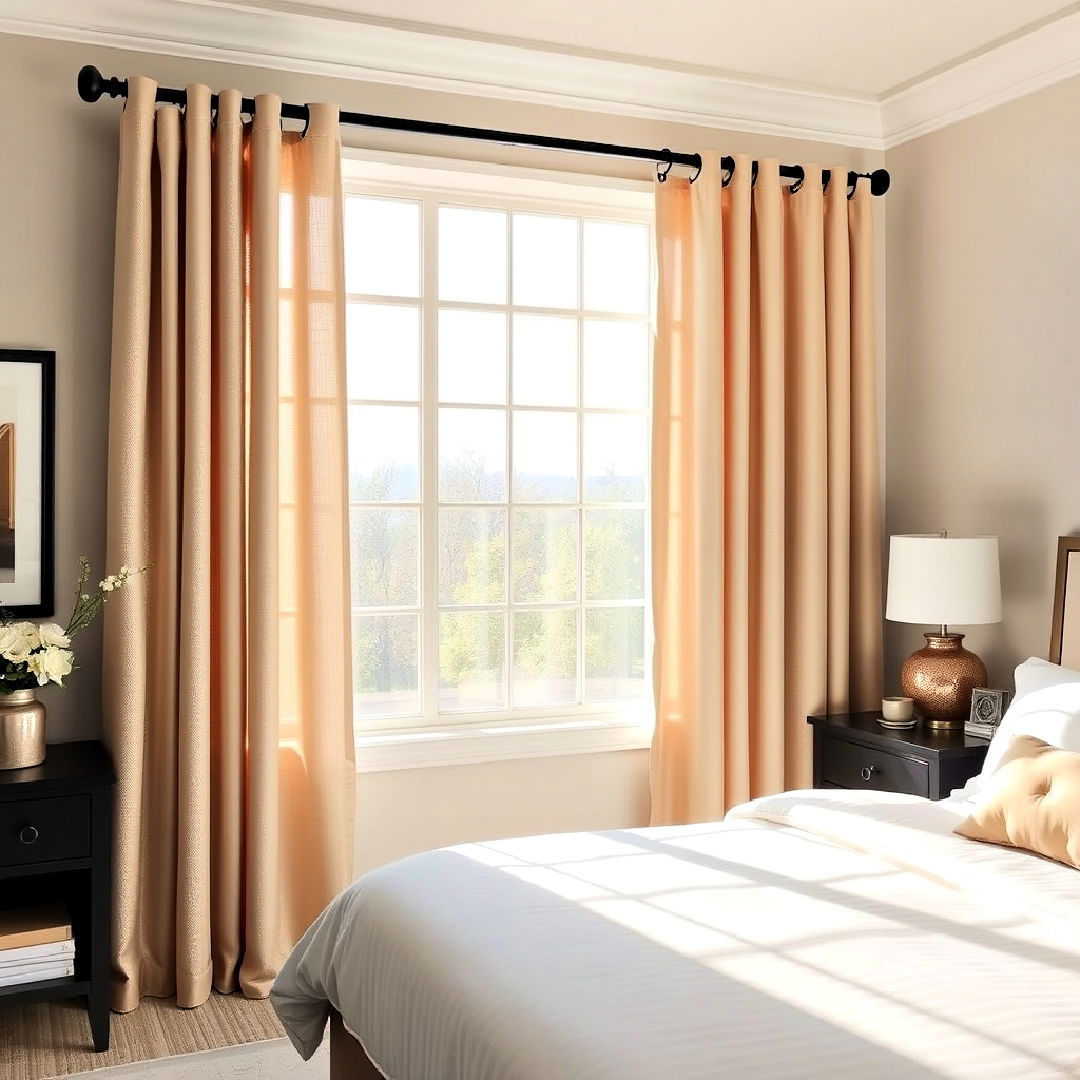 elegant beige curtains with black rods - 20 Black and Beige Bedroom Design Ideas