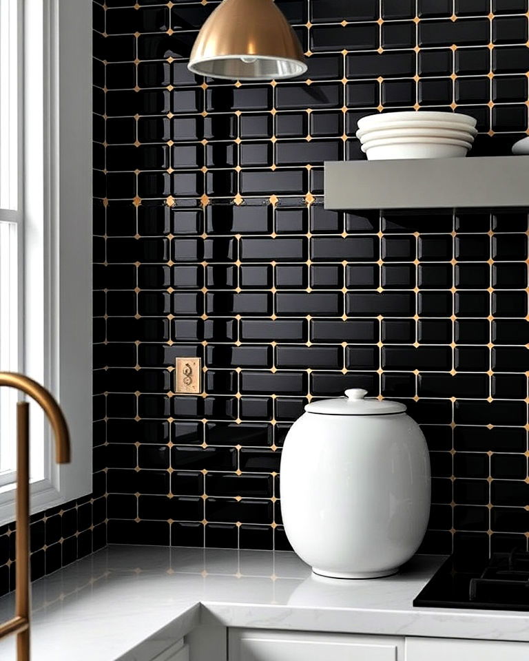 elegant black and gold accent tiles - 30 Kitchen With Black Backsplash