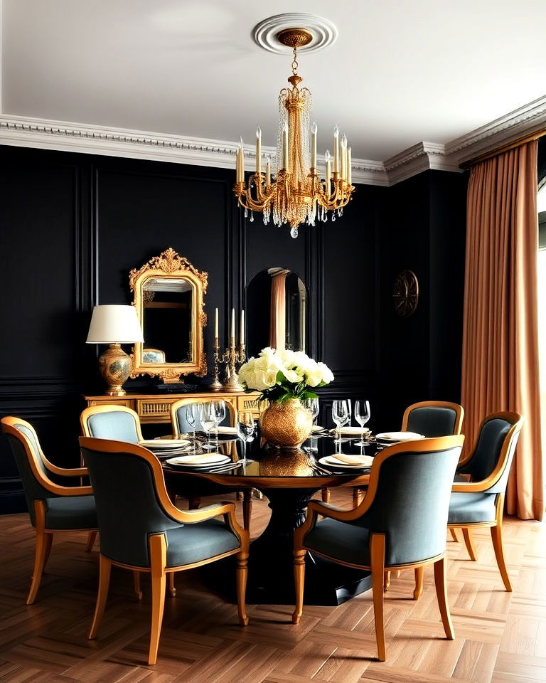 elegant black and gold theme dining room - 20 Black Accent Wall Dining Room Ideas