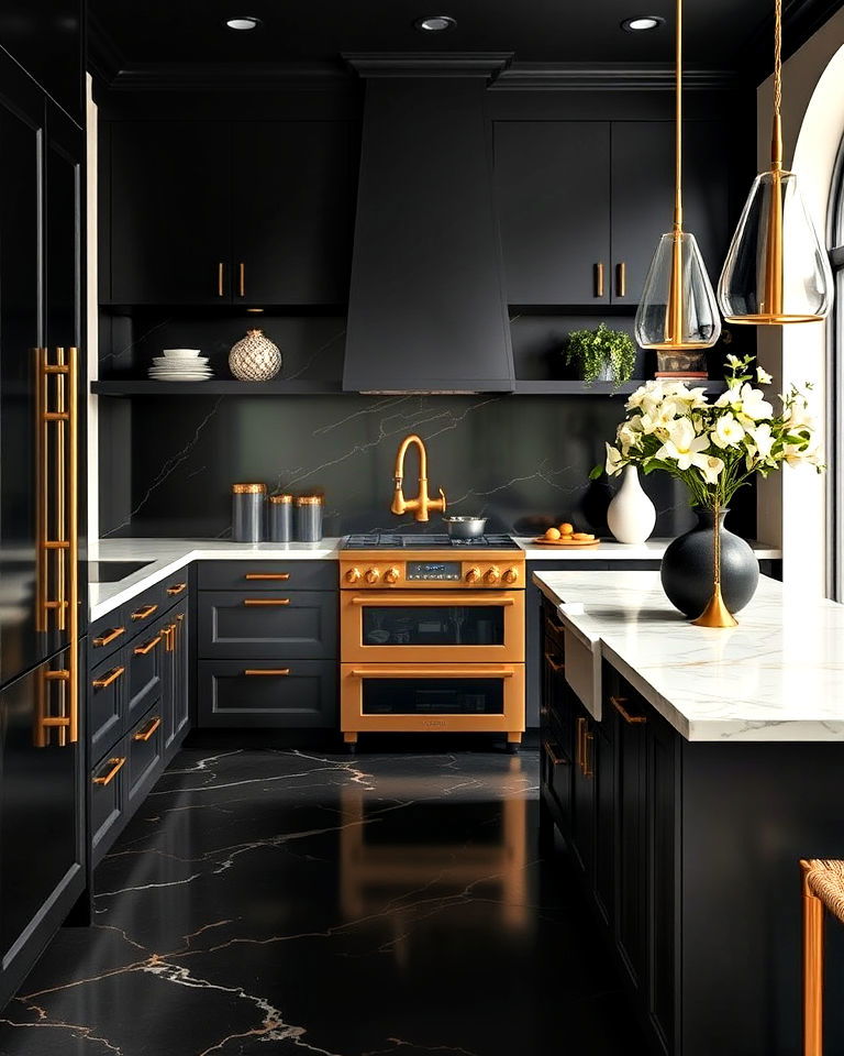 elegant black and gold theme kitchen - 20 Black Floor Kitchen Ideas