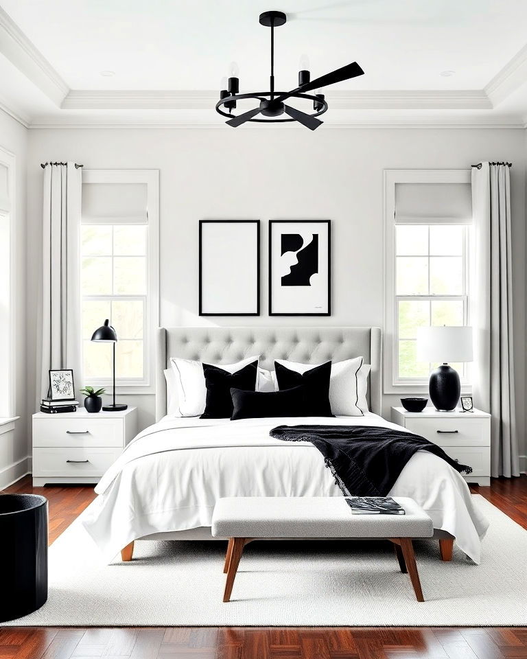 elegant black and white accents - 20 Magnolia Bedroom Ideas