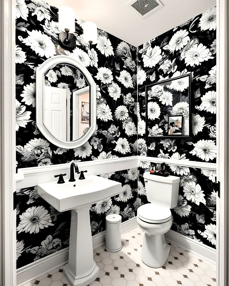 elegant black and white floral wallpaper - 20 Black and White Powder Room Ideas