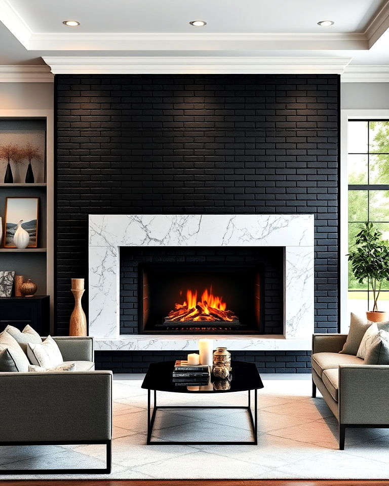 elegant black brick fireplace with marble accents - 30 Black Brick Fireplace Ideas
