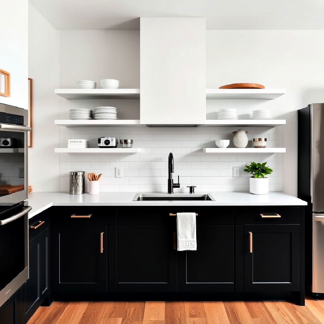 elegant black cabinets with white open shelves - 40 Black and White Kitchen Ideas